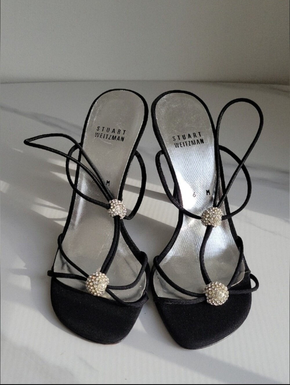 Stuart Weitzman Black Strappy Rhinestone-Accent Heels